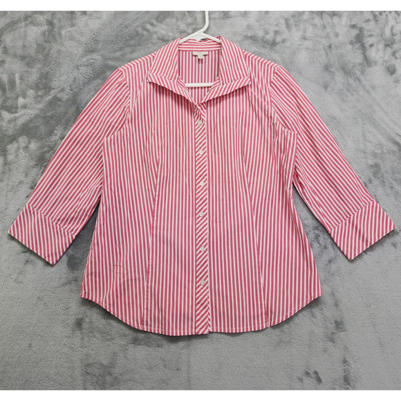 Talbots Top Womens 10 Pink White Striped Stretch Cotton 3/4 Sleeve Button Up - Picture 1 of 8